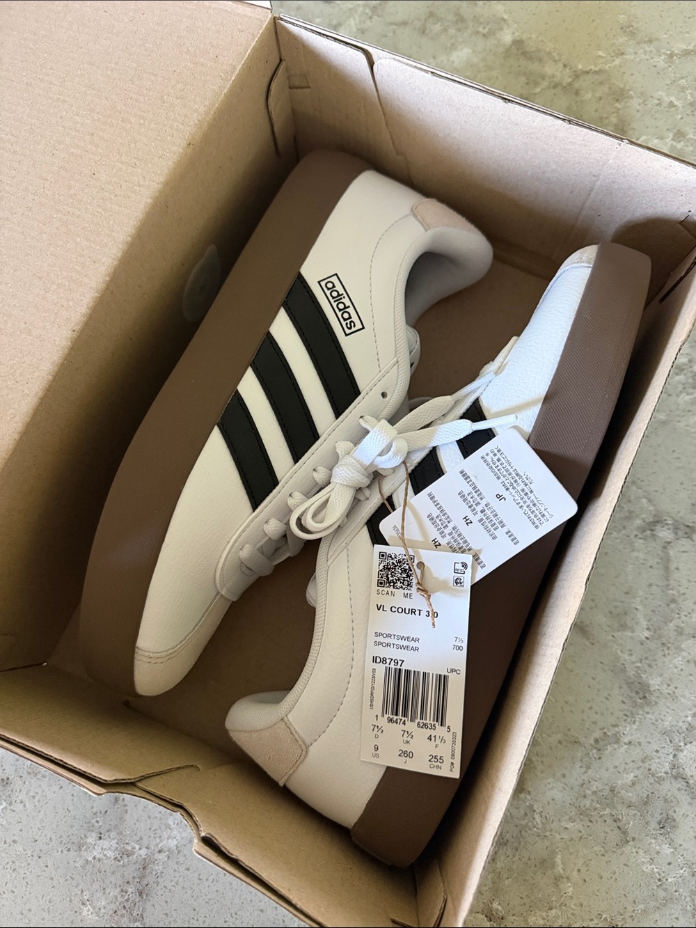 adidas VL Court 3.0 Men's White Sneakers with Black Stripes and Brown Gum Sole